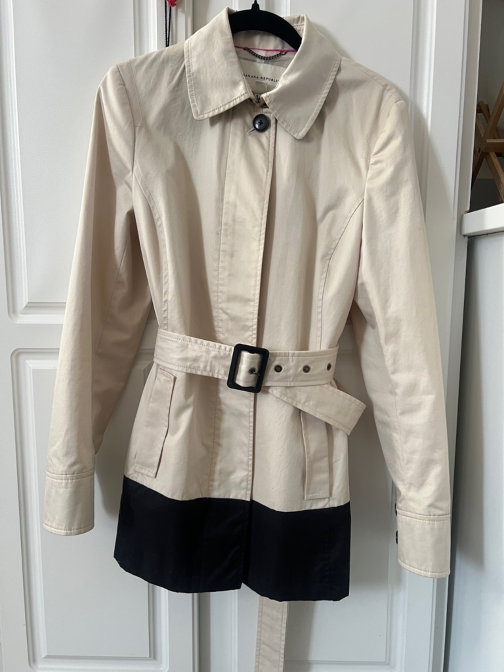 Banana Republic Two-Tone Beige and Black Trench Coat with Belt